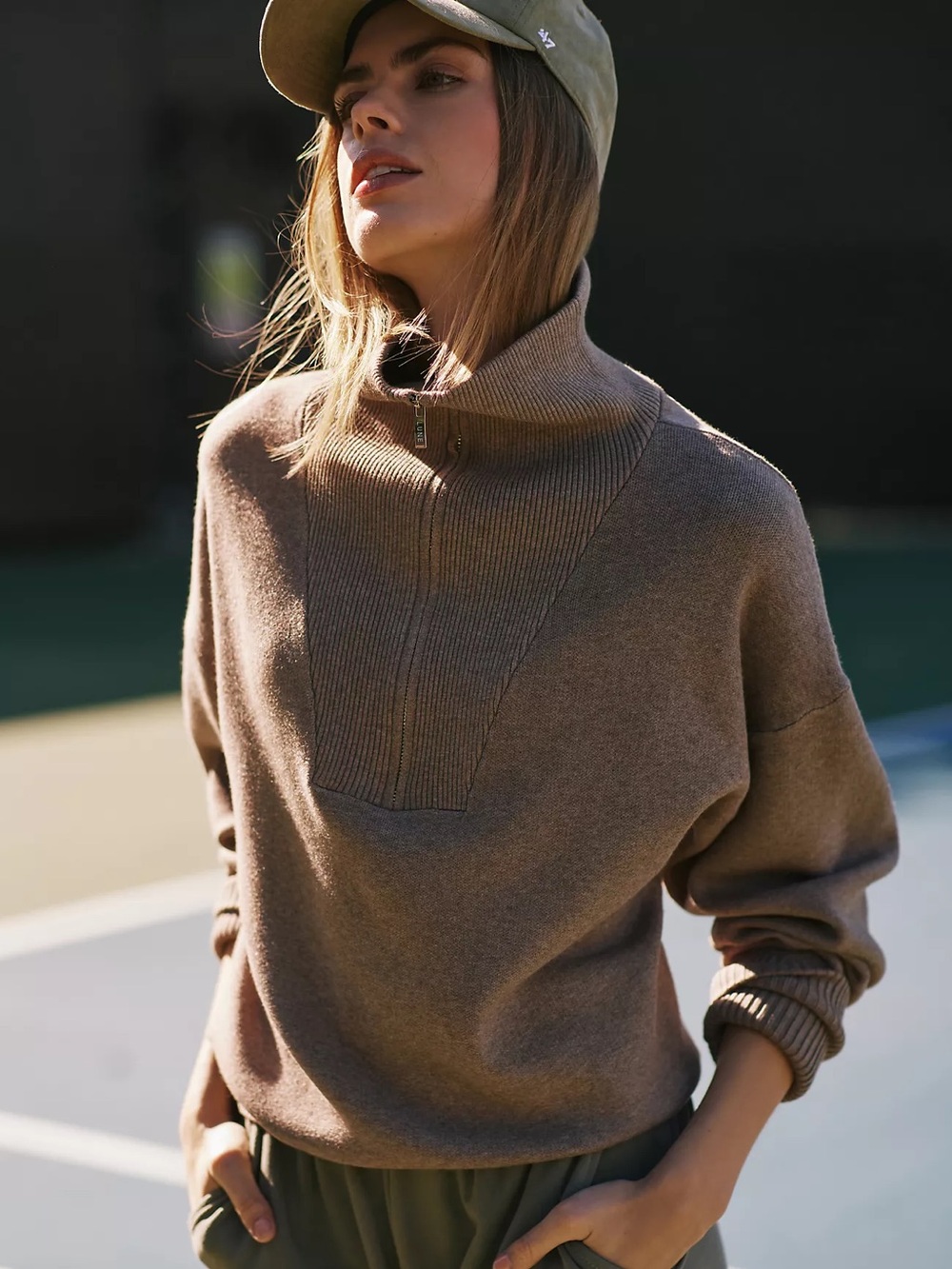 LUNE ACTIVE OLLY Half Zip Oversized Sweater Pullover Brown Taupe Tan Large